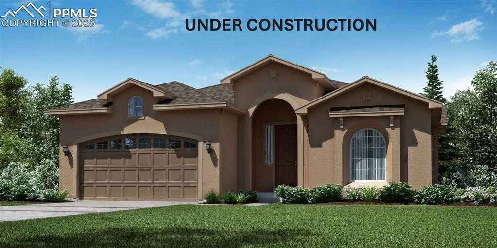 Caption: View of front of house featuring a front lawn, stucco siding, driveway, and a shingled roof
