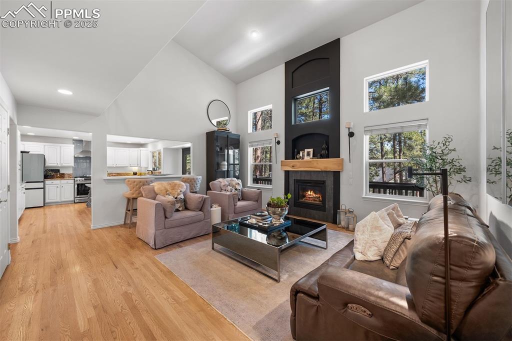 Image 4 of 30: Vaulted 16-foot, two-story ceiling, open to upper level and kitchen.