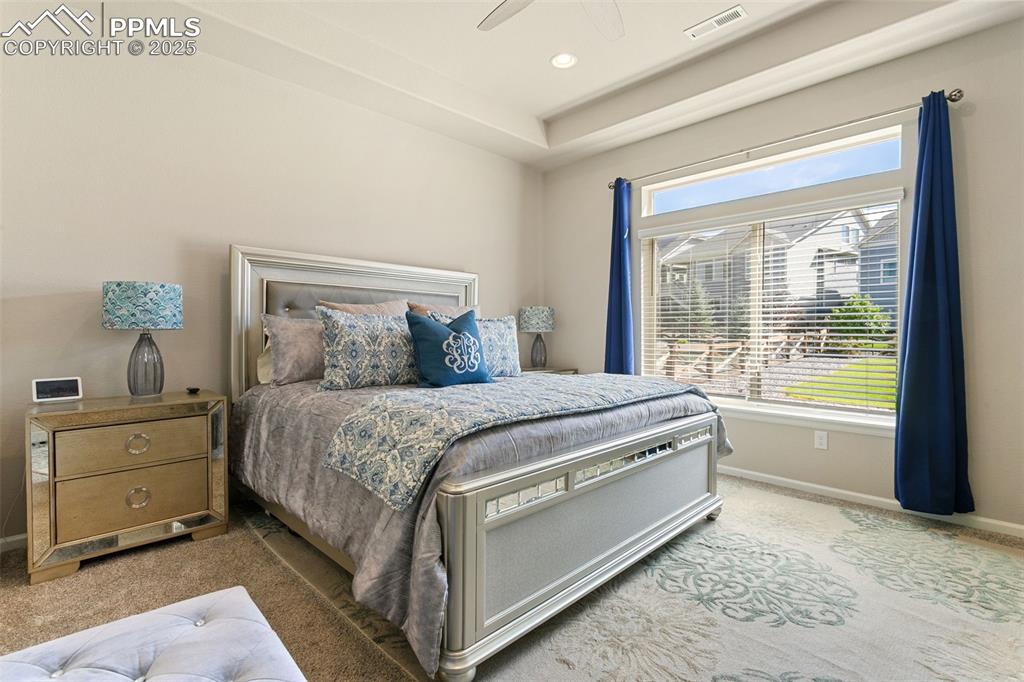 Image 15 of 35: The main-level primary suite features a vaulted ceiling with ceiling fan, l