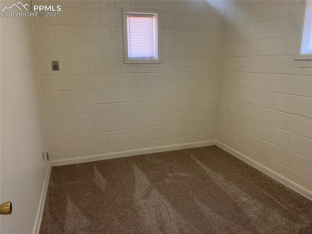 Image 4 of 11: Basement featuring dark colored carpet and plenty of natural light
