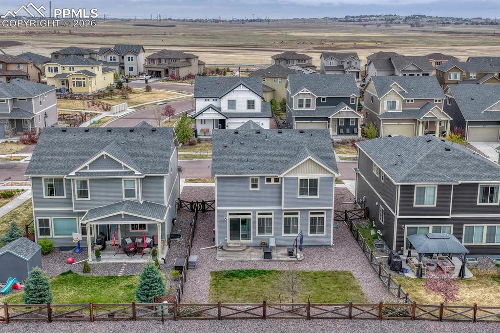 Image 39 of 50: Sunset view of backyard grass area surrounded by xeriscaped beds.