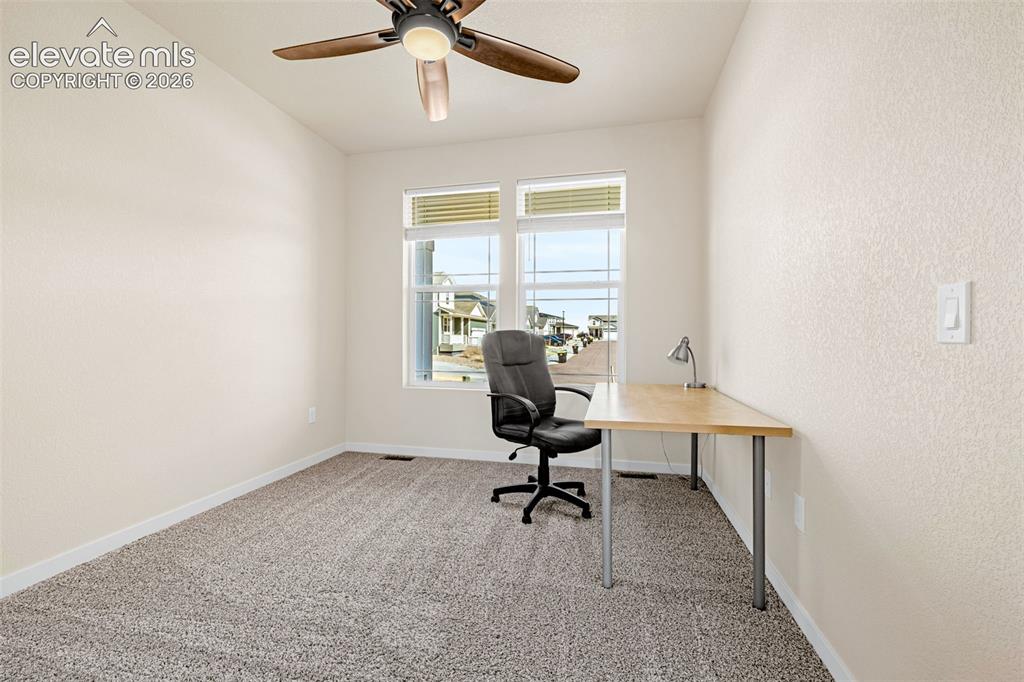 Image 8 of 50: Neutral tone wall finish, textured carpet flooring, window with blinds, and