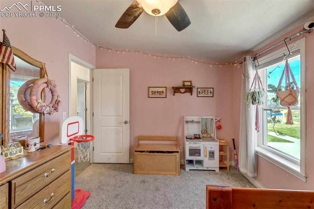 Image 33 of 50: Bedroom with a ceiling fan, light colored carpet, and multiple windows