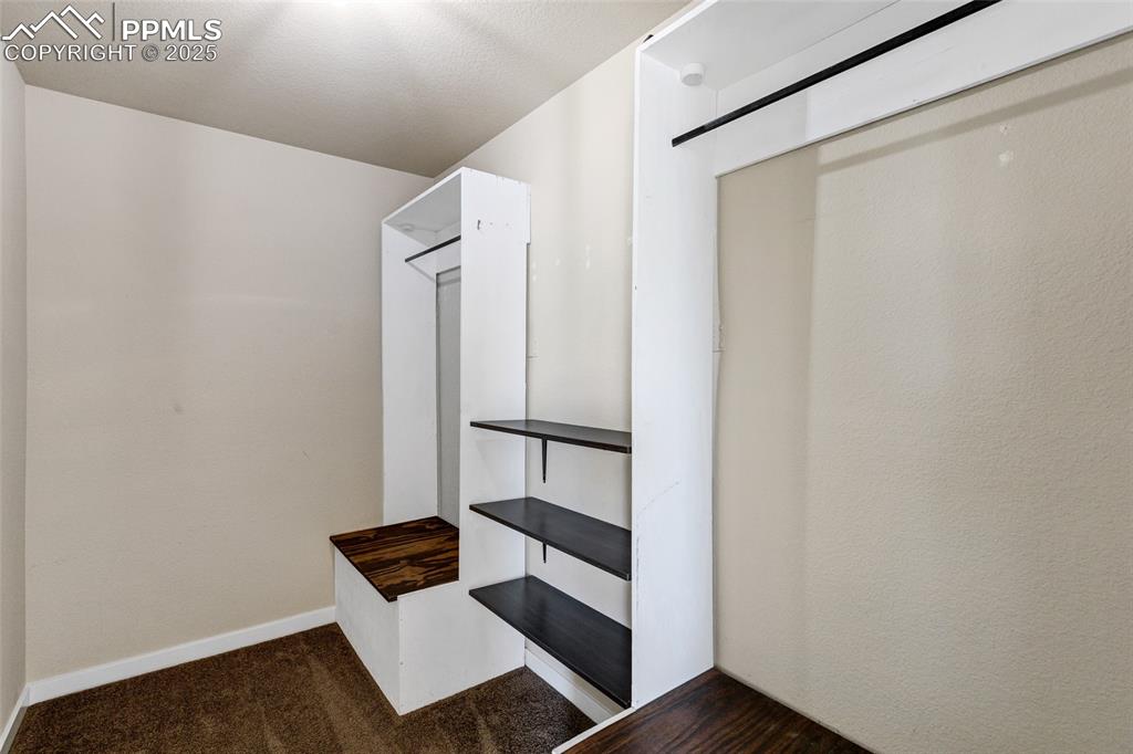 Image 17 of 22: Spacious closet with dark colored carpet