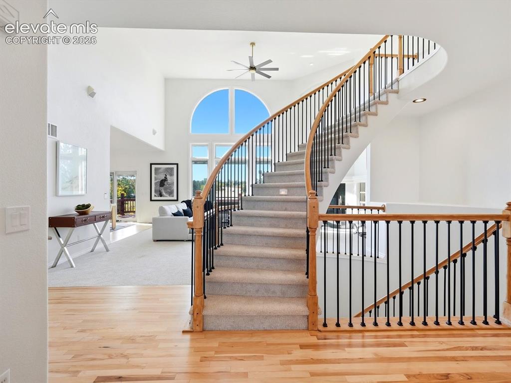 Image 3 of 48: Grand foyer featuring a curved staircase with wood handrails and black meta