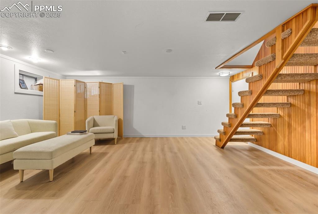 Image 29 of 49: The finished basement could be used as a media or rec room