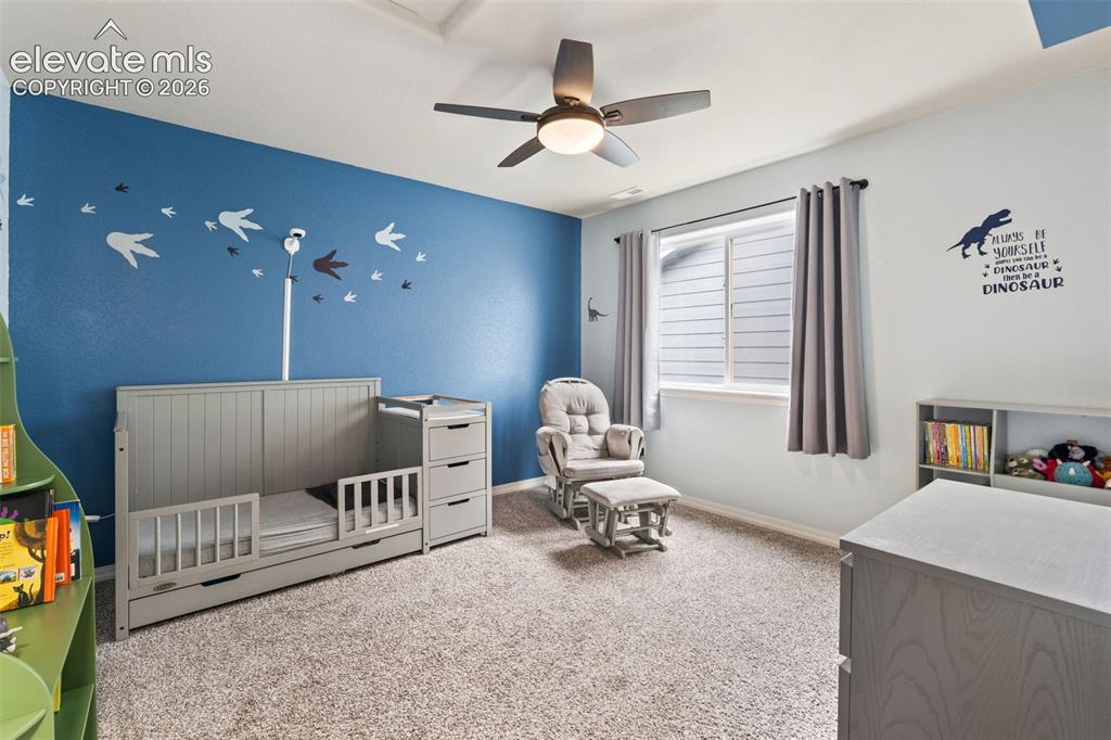 Image 29 of 42: Recessed ceiling, ceiling fan with integrated lighting, natural light from