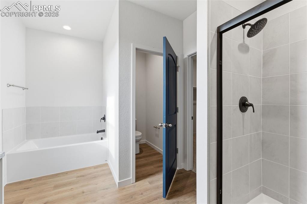 Image 22 of 26: Full bathroom with a shower stall, a garden tub, and light wood finished fl