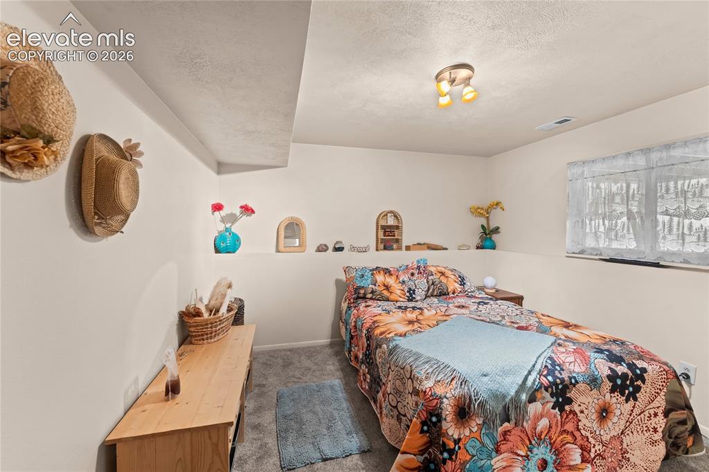 Image 32 of 46: Carpeted room featuring a visible window, built-in shelving, and a wood-fin