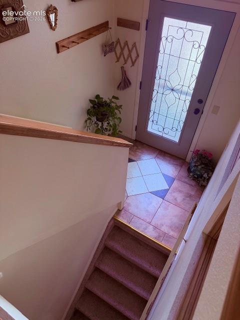 Image 5 of 46: Bi-Level entryway featuring a decorative glass door, tile flooring with an