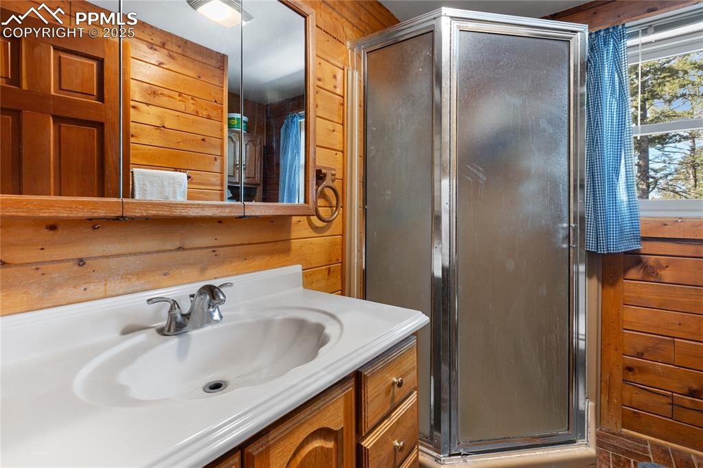 Image 20 of 33: Full bath featuring wood walls, vanity, and a shower stall