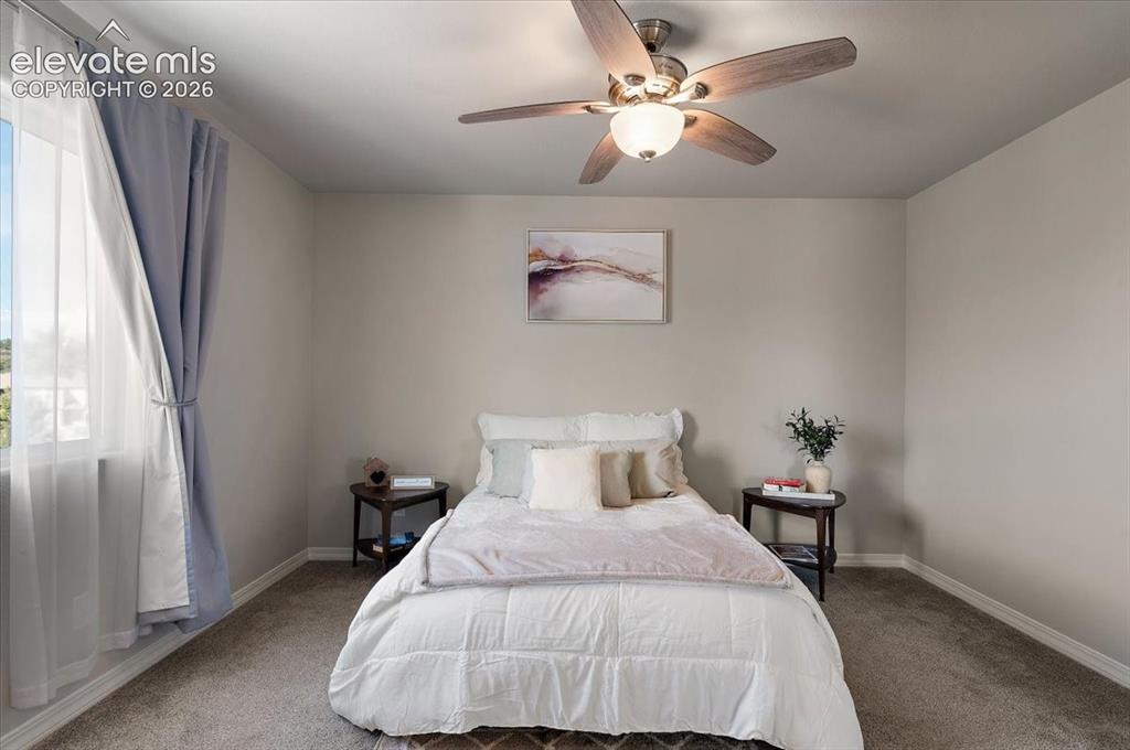 Image 22 of 31: Carpeted room with a ceiling fan light fixture, natural light from a window