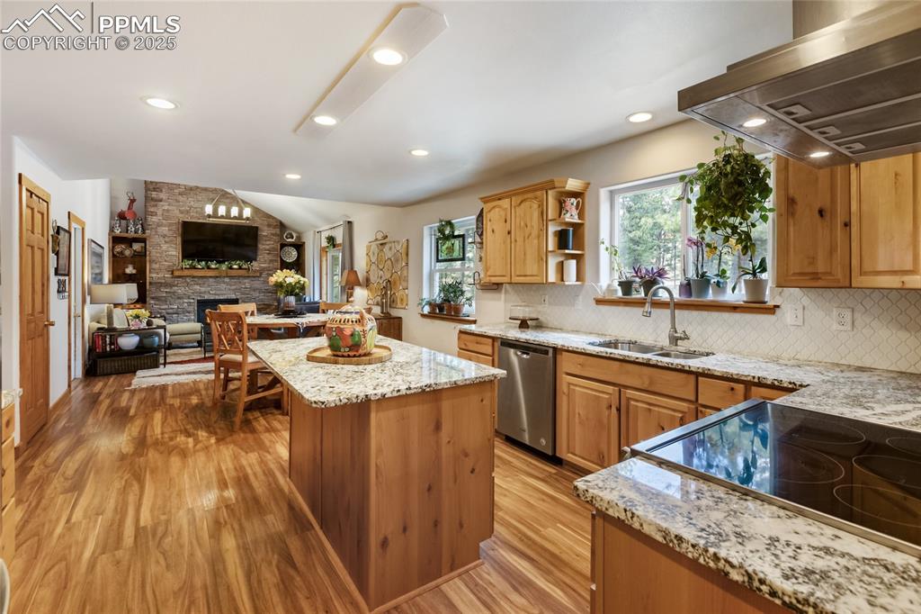 Image 35 of 50: Kitchen featuring ventilation hood, stainless steel dishwasher, light wood-