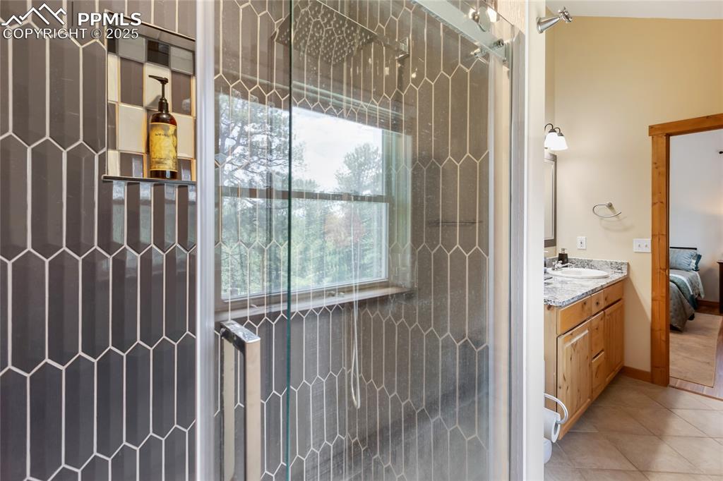 Image 47 of 50: Full bathroom featuring vanity, plenty of natural light, tile patterned flo