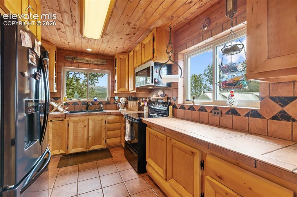 Image 13 of 44: Front entry and pellet stove.