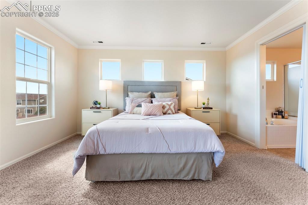 Image 15 of 50: Carpeted bedroom with crown molding and connected bathroom