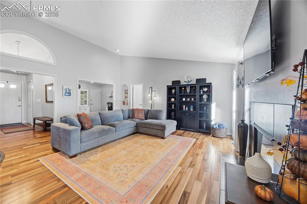 Image 11 of 50: Living room featuring high vaulted ceiling, a textured ceiling, and light w