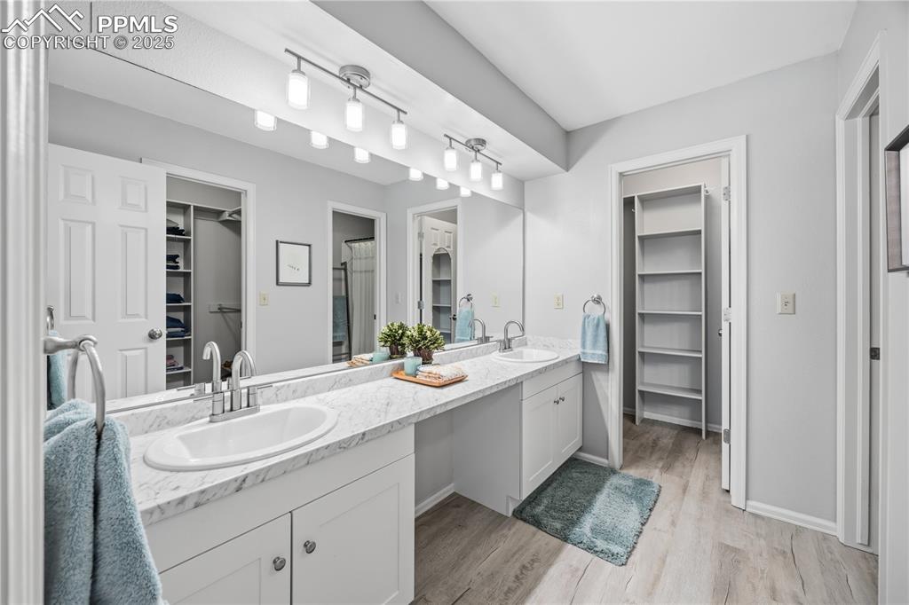 Image 23 of 50: Bathroom featuring a spacious closet, double vanity, and light wood-style f