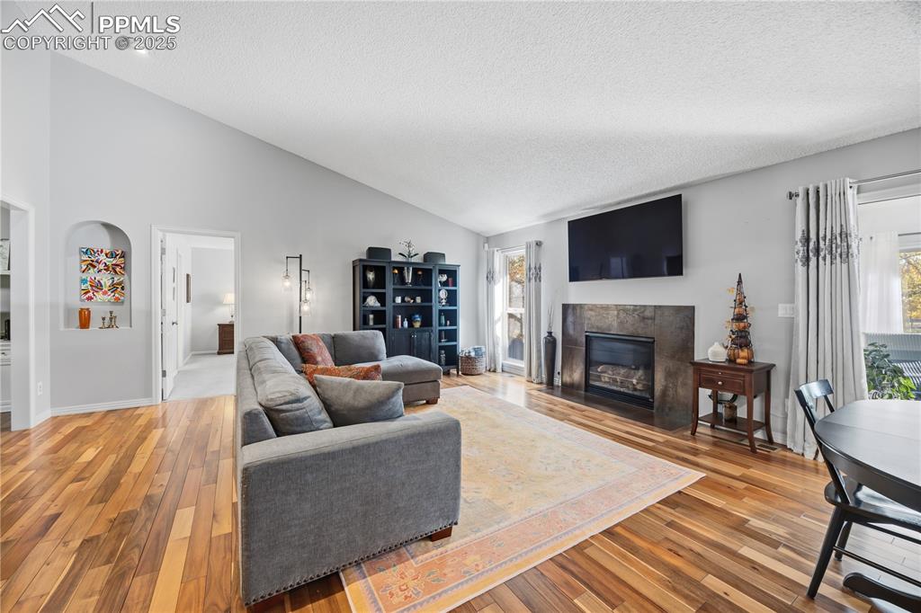 Image 9 of 50: Living room with a premium fireplace, a textured ceiling, plenty of natural