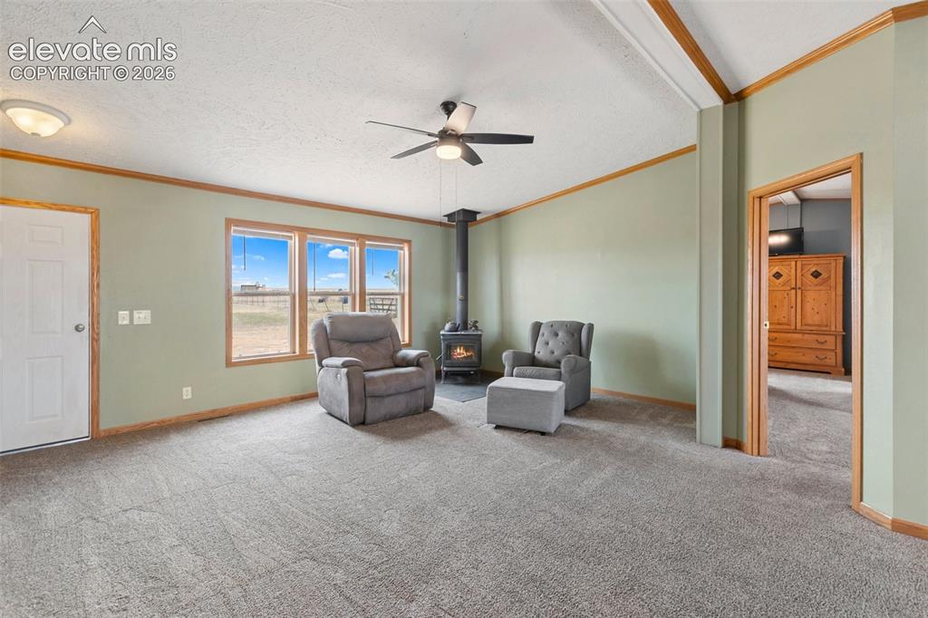 Image 16 of 45: Spacious interior featuring a freestanding wood-burning stove, triple windo