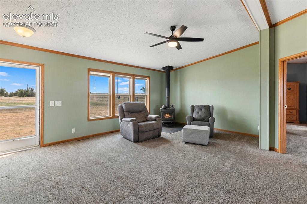 Image 17 of 45: Living area featuring a freestanding wood-burning stove, three large window