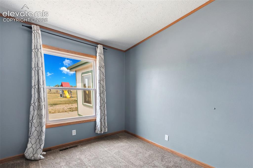 Image 27 of 45: Spacious room featuring light blue walls, wood trim, and textured carpeting