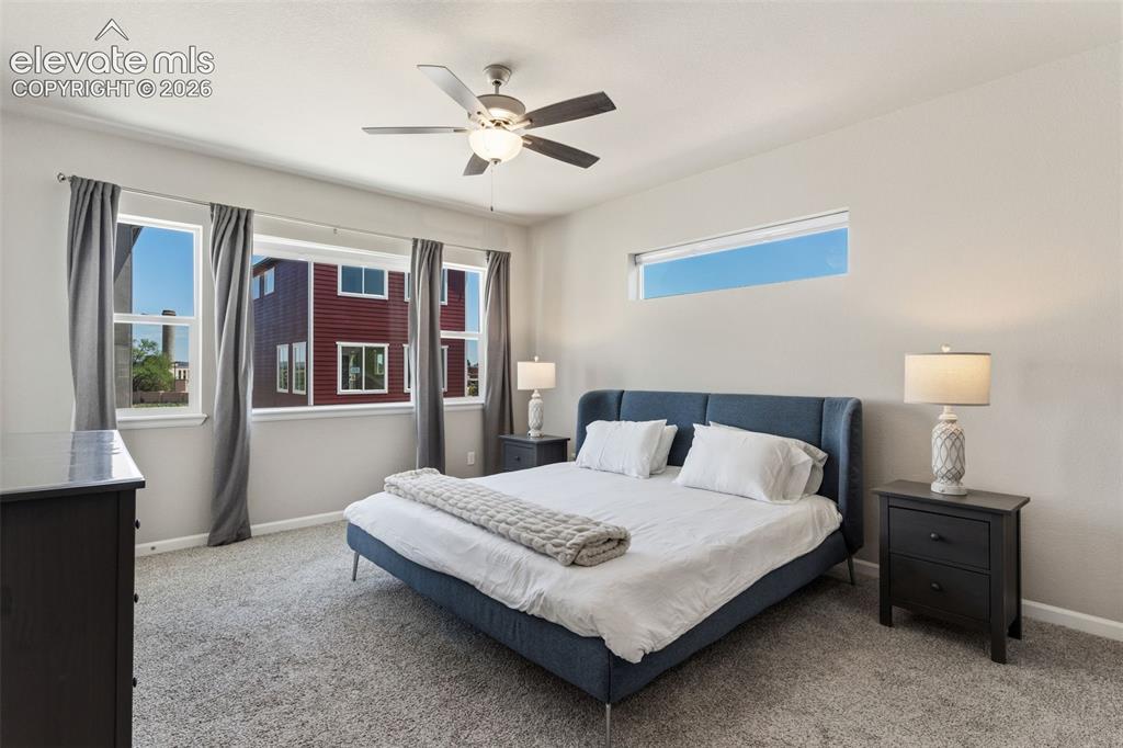 Image 23 of 41: Carpeted room featuring a ceiling fan with integrated lighting, multiple wi