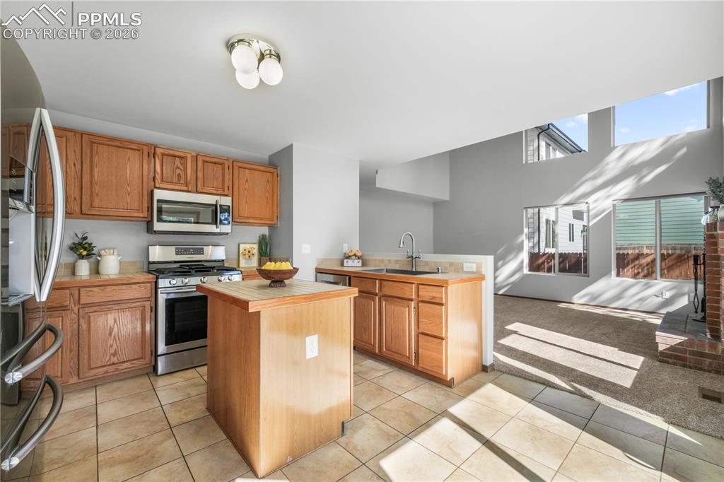 Image 13 of 50: Kitchen with newer stainless steel applicants, island, pantry and walk out