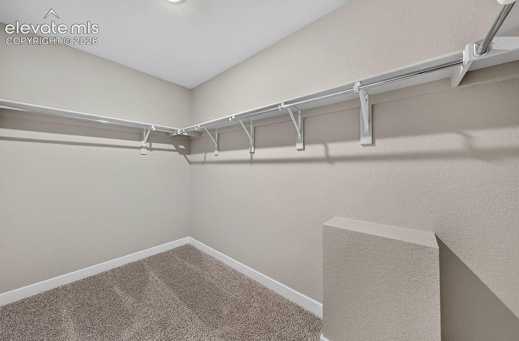 Image 21 of 33: Spacious closet featuring wall-mounted shelving and hanging rods