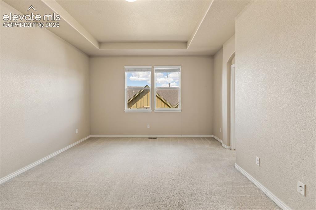 Image 31 of 44: Recessed tray ceiling, light neutral carpet, dual windows, arched doorway,