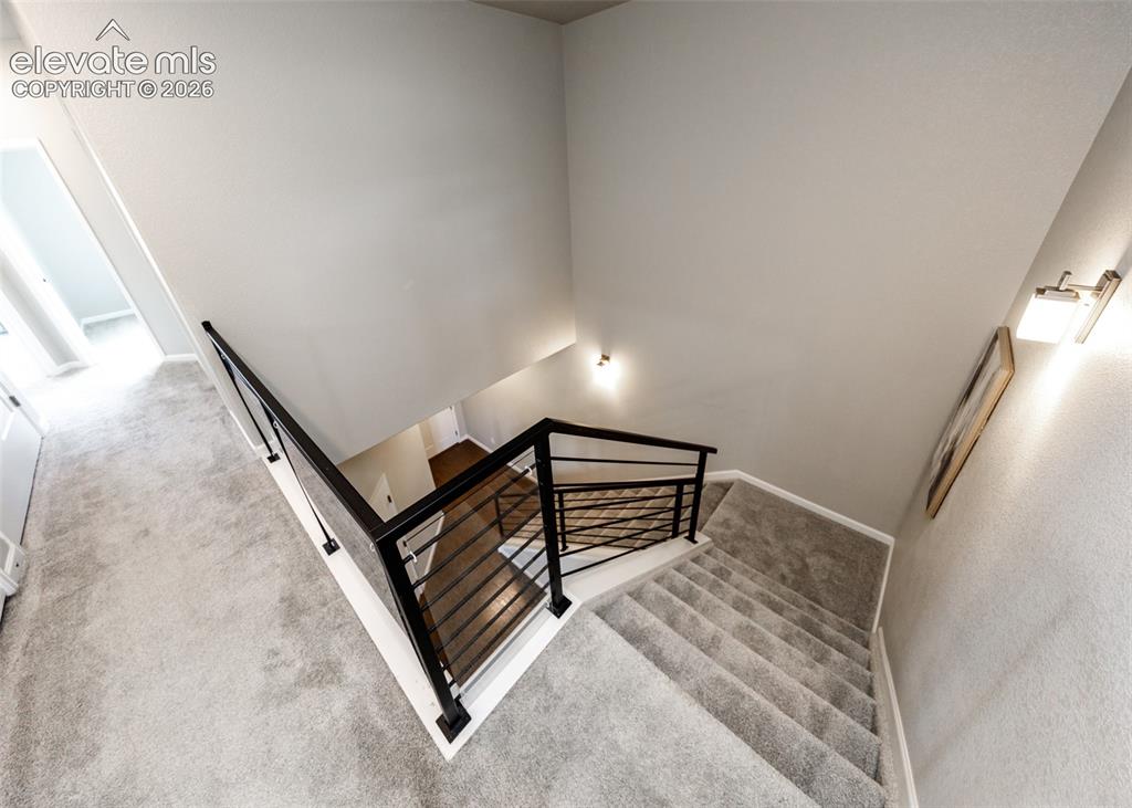 Image 26 of 50: Carpeted staircase featuring a modern black metal railing with horizontal b