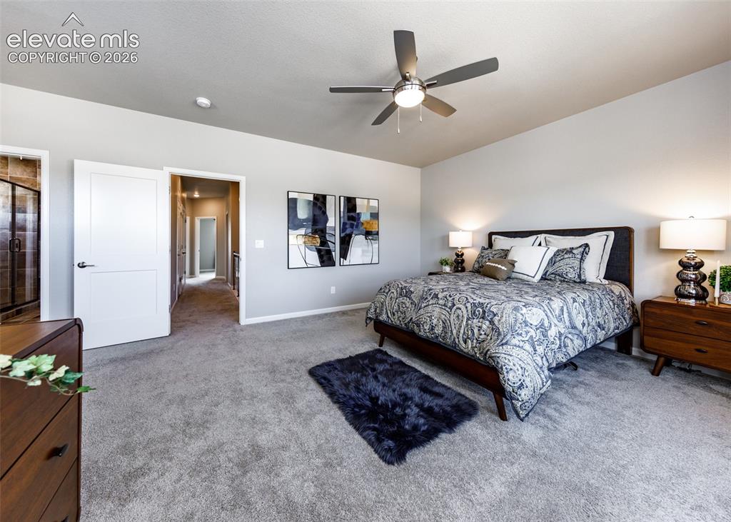 Image 27 of 50: Spacious bedroom featuring plush gray carpeting, a contemporary ceiling fan