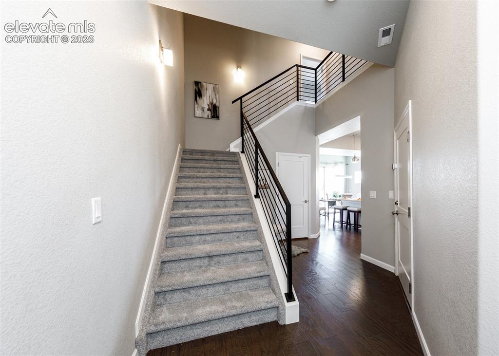 Image 3 of 50: Entryway featuring a carpeted staircase with contemporary horizontal bar ra