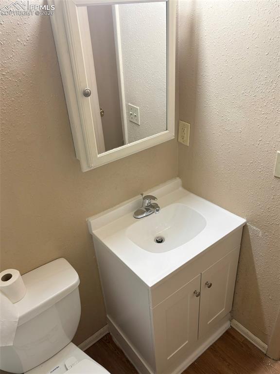 Image 9 of 17: Bathroom with a textured wall, vanity, and dark wood finished floors