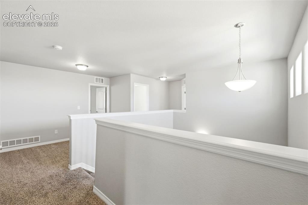 Image 14 of 44: Carpeted landing featuring a white railing and neutral wall paint