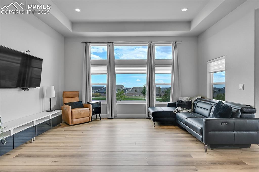 Image 8 of 44: Living room with a raised ceiling, wood finished floors, and recessed light