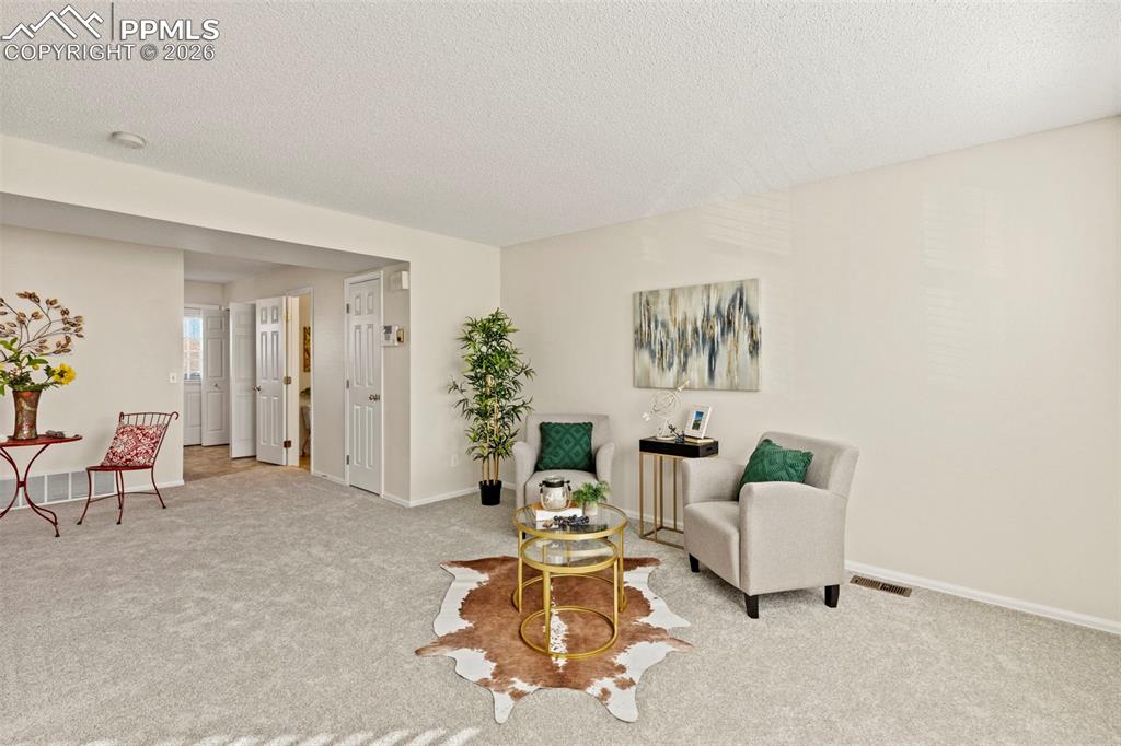 Image 11 of 26: Sitting room featuring carpet floors and a textured ceiling
