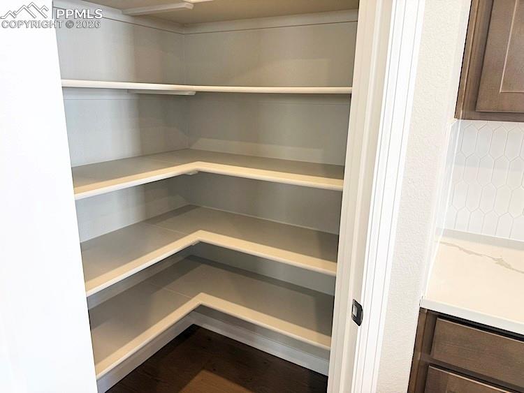 Image 10 of 49: Spacious Kitchen Pantry with painted fixed wood shelving.