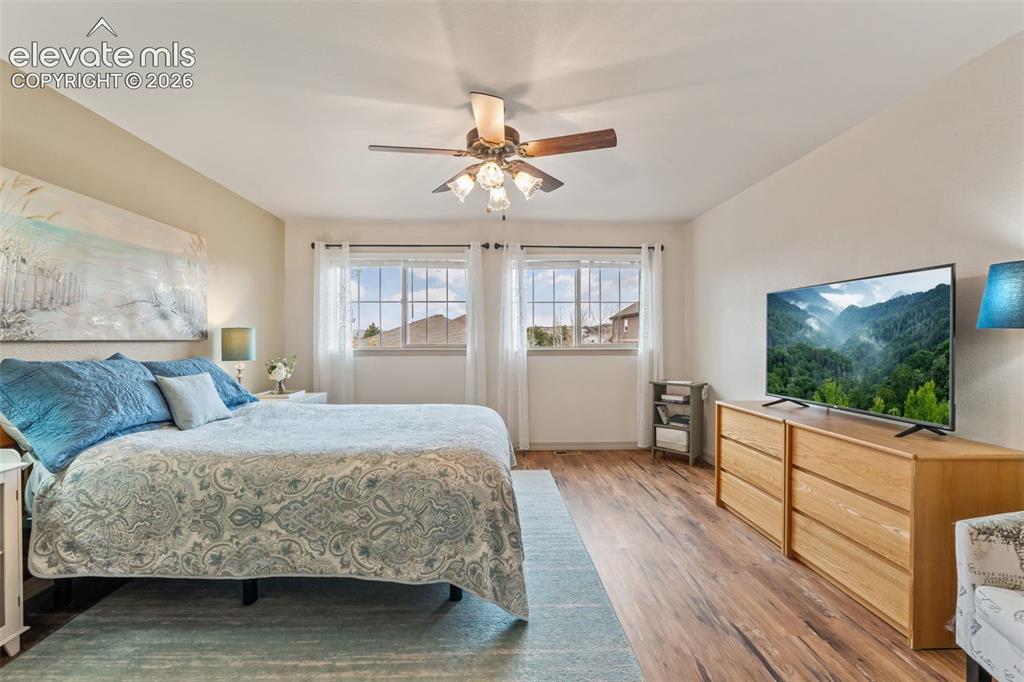 Image 29 of 50: Room with wood-finish flooring, two large windows with white trim, and a ce