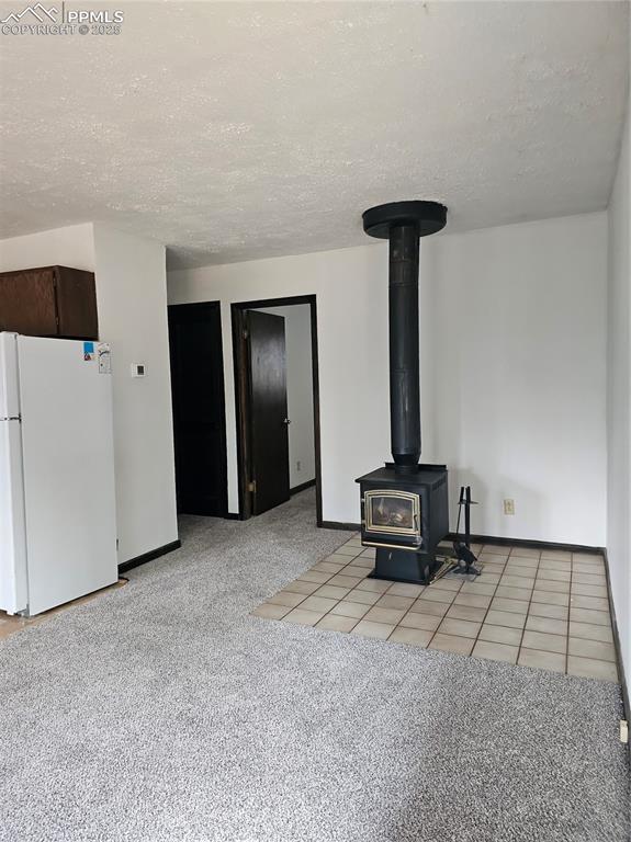 Image 4 of 13: Unfurnished living room with a wood stove, a textured ceiling, light carpet