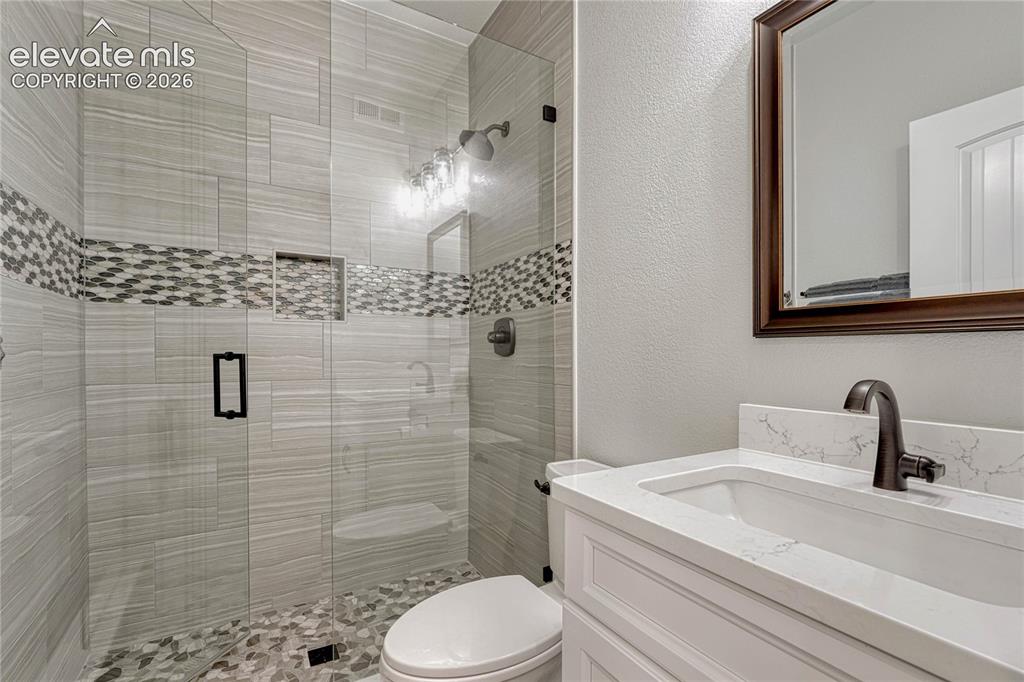 Image 33 of 50: This remodeled basement bathroom showcases a modern walk-in shower with a s
