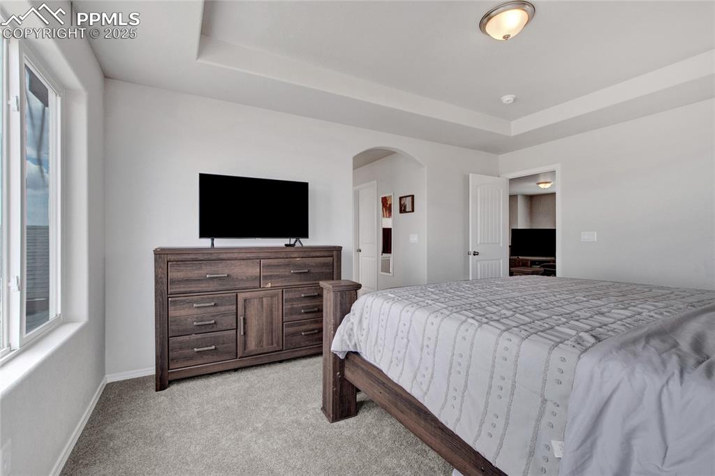 Image 22 of 41: Bedroom featuring light colored carpet, arched walkways, and a tray ceiling