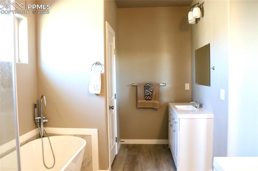 Image 11 of 28: Bathroom with vanity, a soaking tub, and wood finished floors