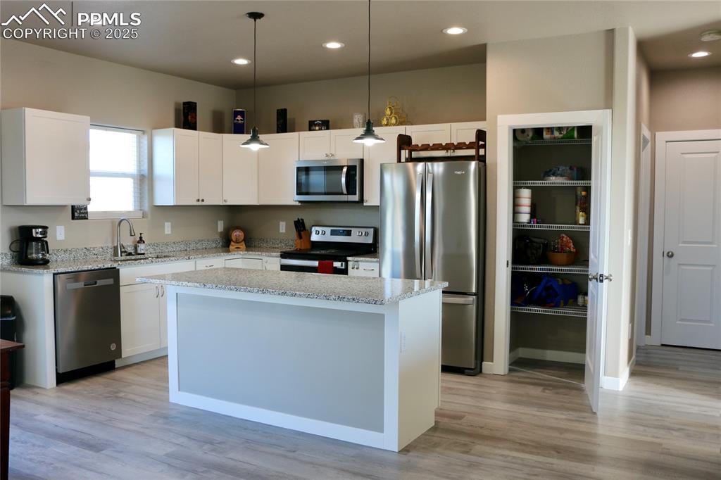 Image 20 of 28: Kitchen featuring appliances with stainless steel finishes, hanging light f
