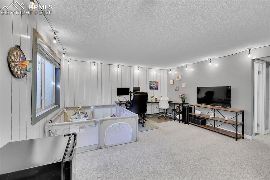 Image 16 of 30: Basement family room with new carpet. 