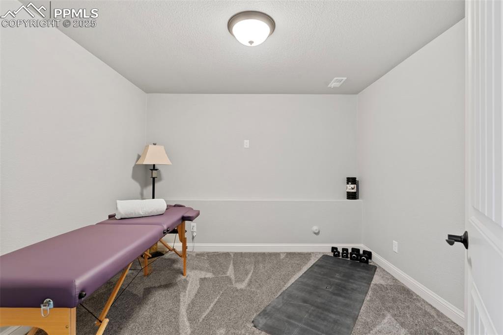 Image 40 of 50: Office area with light colored carpet and a textured ceiling