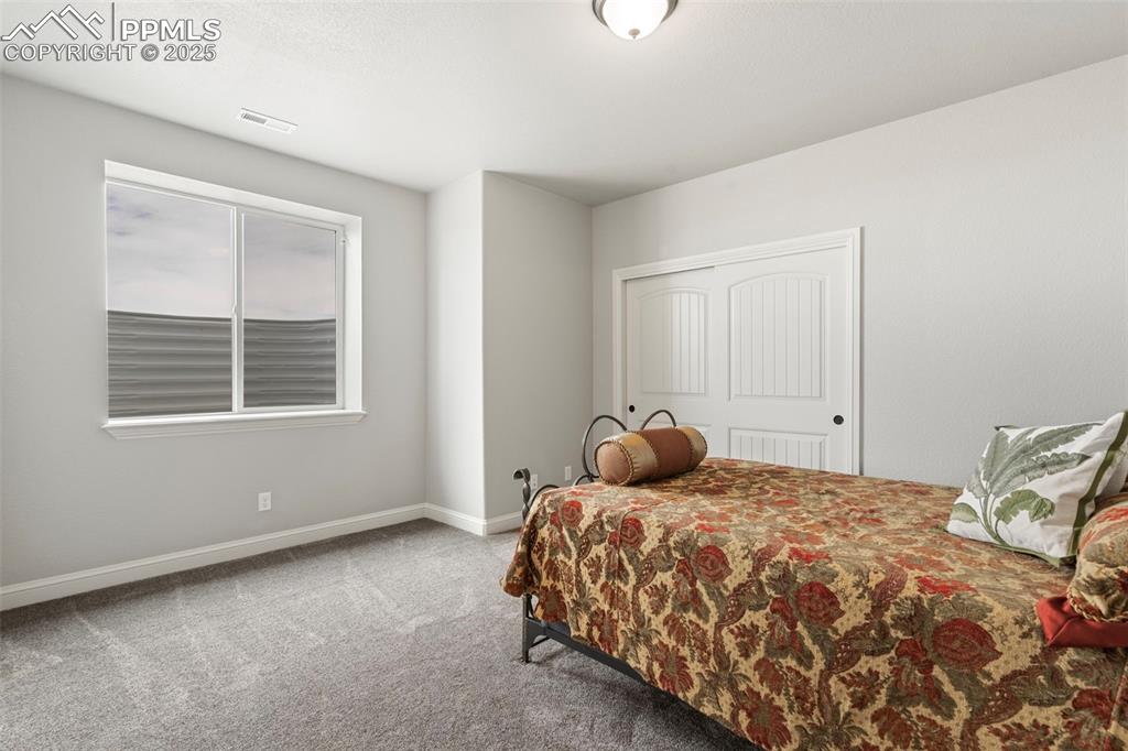 Image 43 of 50: Bedroom with light carpet and a closet