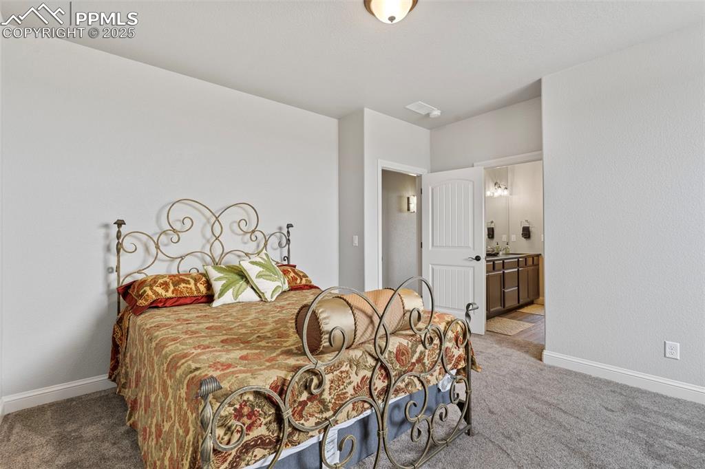 Image 44 of 50: Bedroom with carpet flooring and connected bathroom