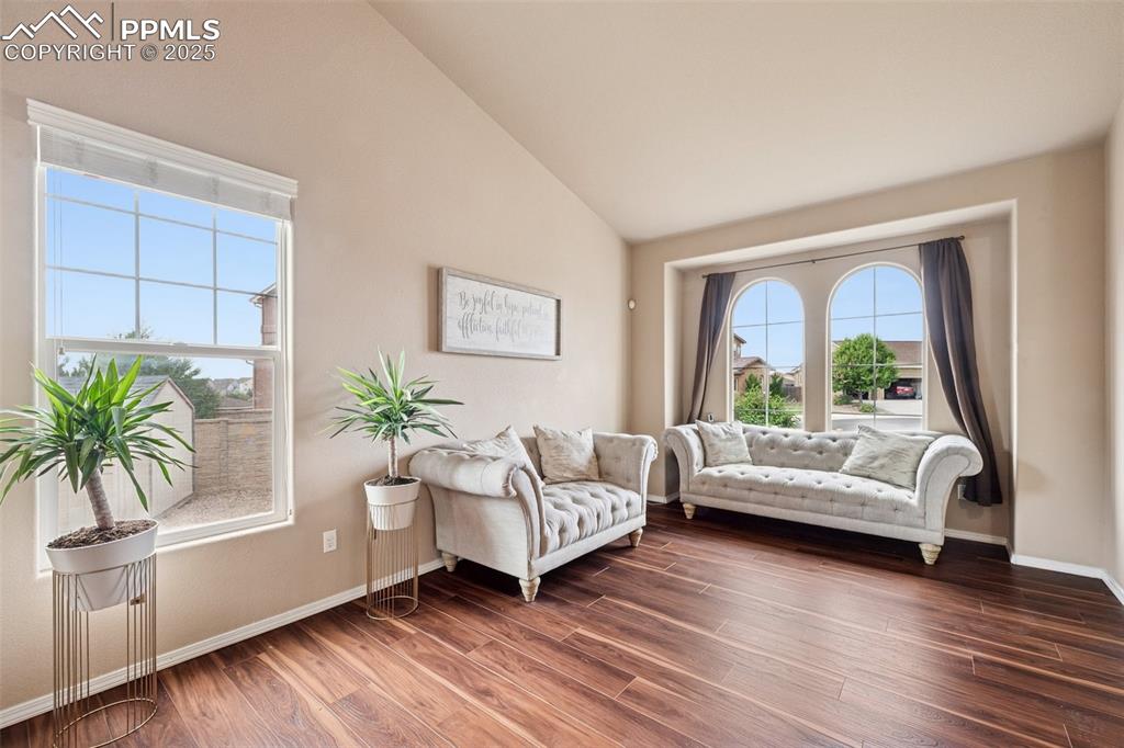Image 6 of 46: Living area featuring lofted ceiling and dark wood finished floors
