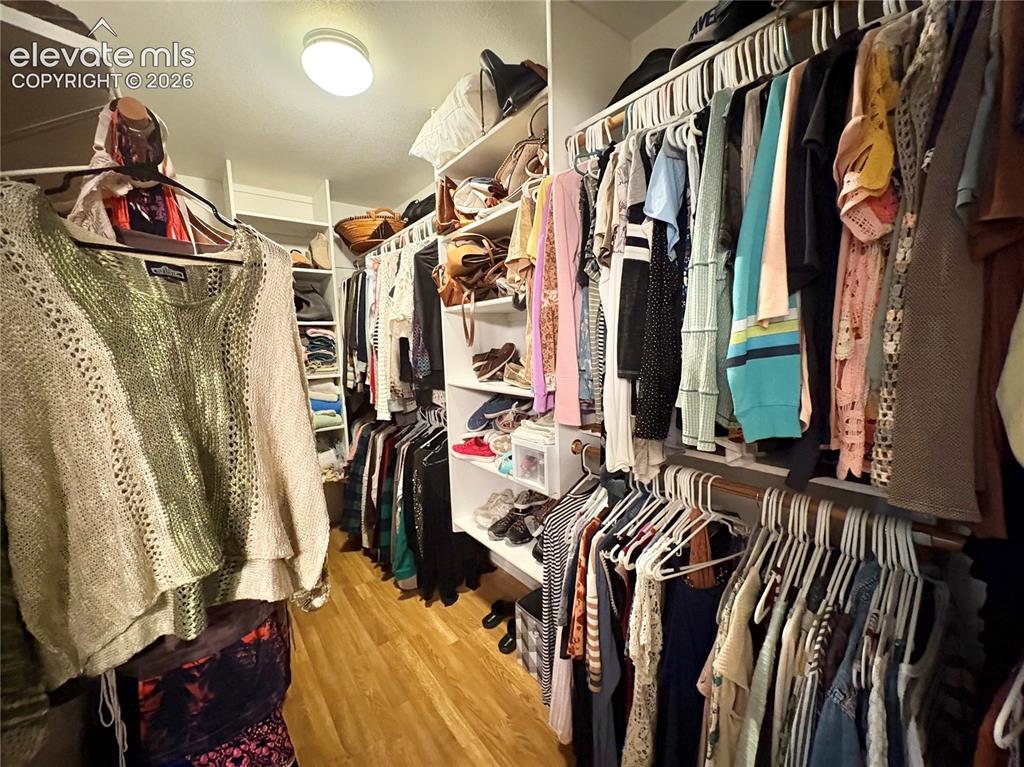 Image 19 of 28: Walk-in closet featuring wood-finish flooring, built-in shelving, and ample